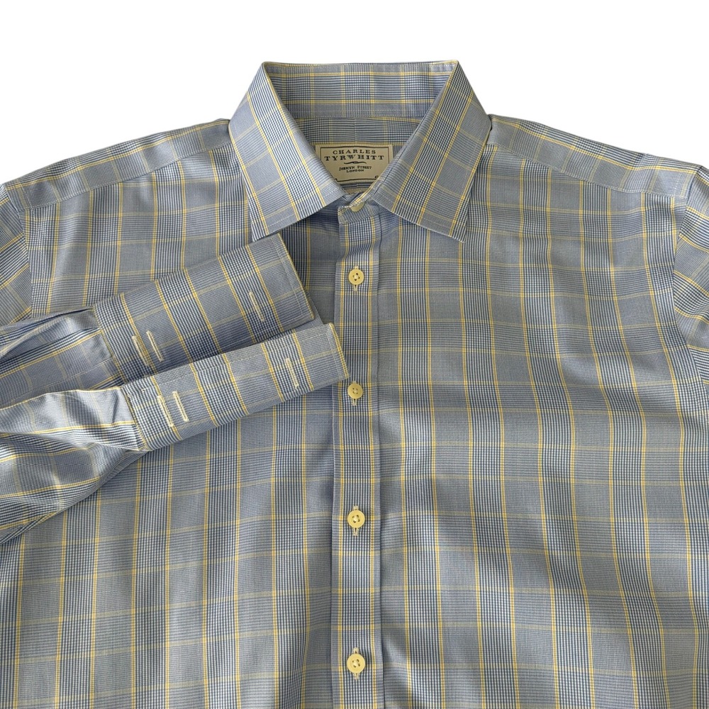 Charles Tyrwhitt Non Iron Dress Shirt Blue Yellow Plaid French Cuff 16.5 / 34